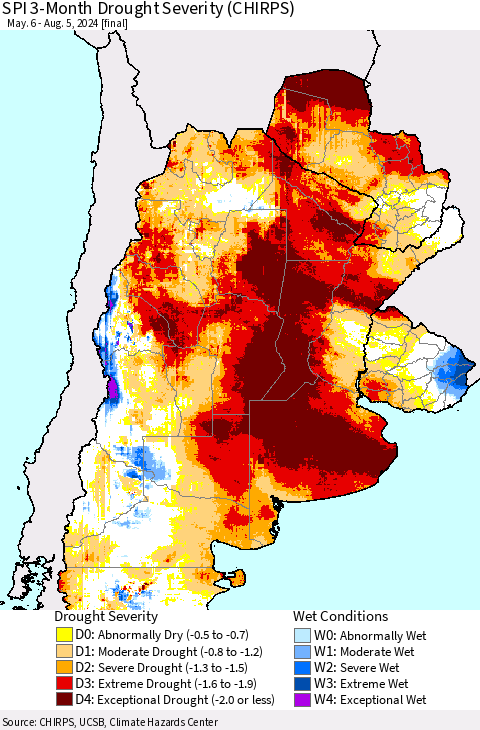 Southern South America SPI 3-Month Drought Severity (CHIRPS) Thematic Map For 5/6/2024 - 8/5/2024