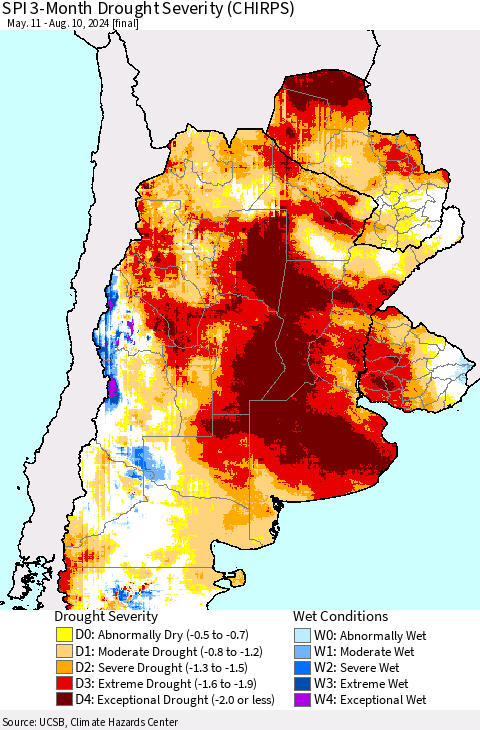 Southern South America SPI 3-Month Drought Severity (CHIRPS) Thematic Map For 5/11/2024 - 8/10/2024