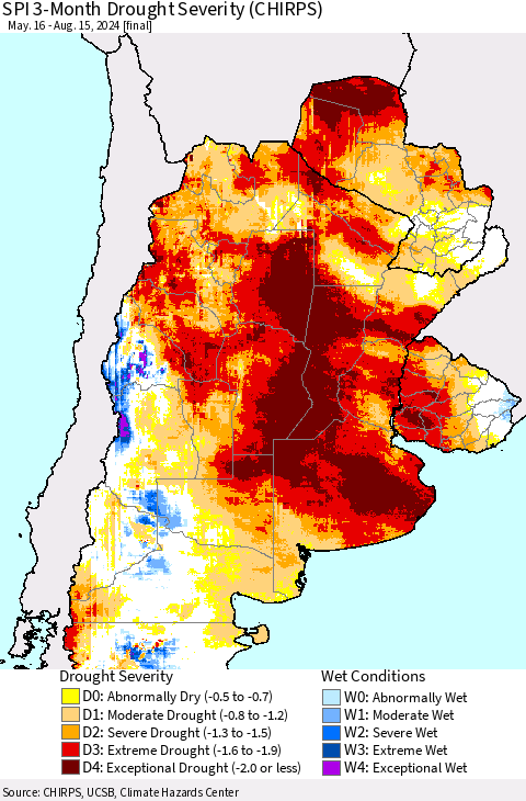 Southern South America SPI 3-Month Drought Severity (CHIRPS) Thematic Map For 5/16/2024 - 8/15/2024