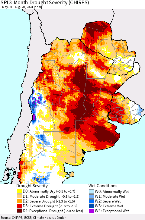 Southern South America SPI 3-Month Drought Severity (CHIRPS) Thematic Map For 5/21/2024 - 8/20/2024