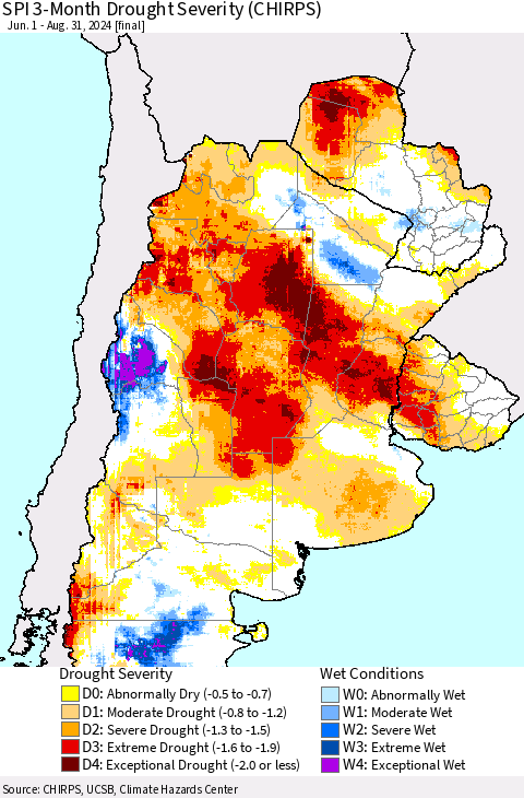 Southern South America SPI 3-Month Drought Severity (CHIRPS) Thematic Map For 6/1/2024 - 8/31/2024