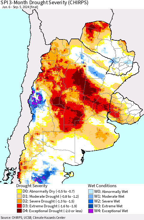 Southern South America SPI 3-Month Drought Severity (CHIRPS) Thematic Map For 6/6/2024 - 9/5/2024