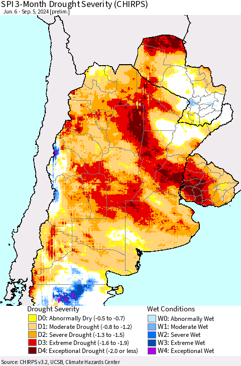 Southern South America SPI 3-Month Drought Severity (CHIRPS) Thematic Map For 6/6/2024 - 9/5/2024