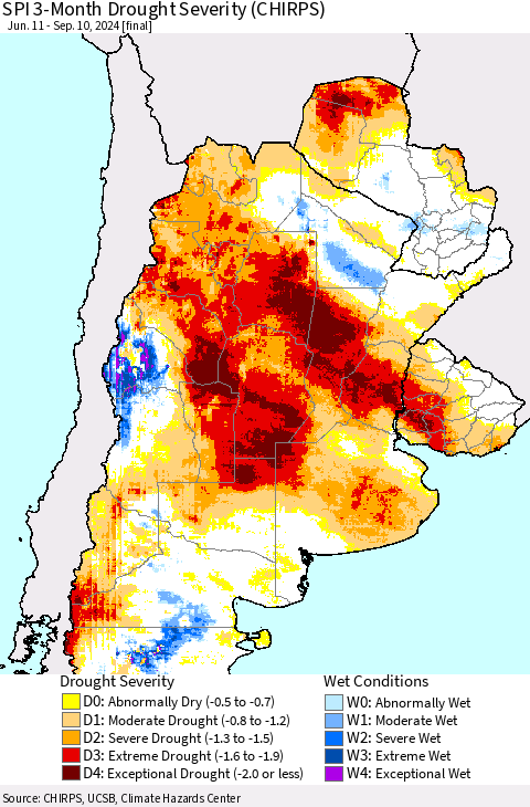 Southern South America SPI 3-Month Drought Severity (CHIRPS) Thematic Map For 6/11/2024 - 9/10/2024