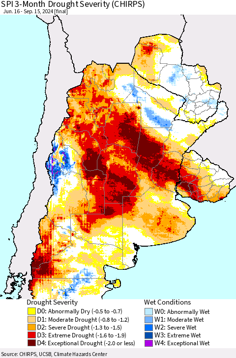 Southern South America SPI 3-Month Drought Severity (CHIRPS) Thematic Map For 6/16/2024 - 9/15/2024