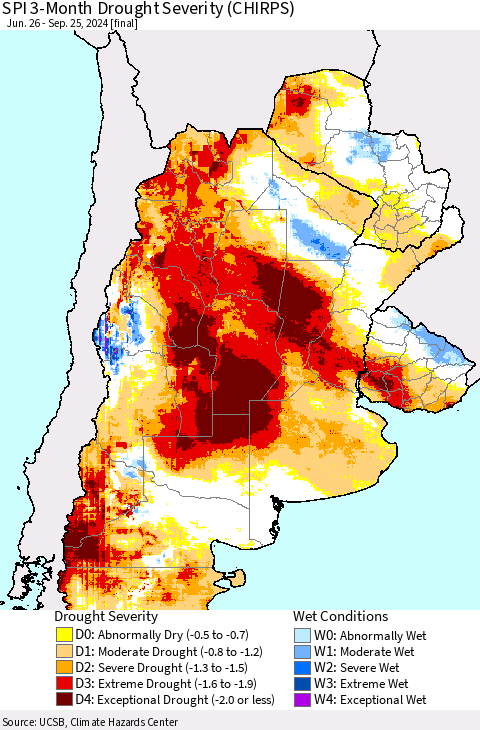 Southern South America SPI 3-Month Drought Severity (CHIRPS) Thematic Map For 6/26/2024 - 9/25/2024