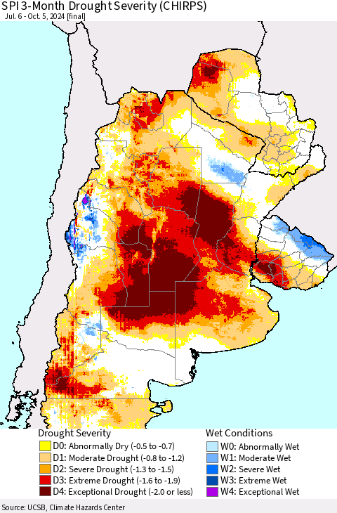 Southern South America SPI 3-Month Drought Severity (CHIRPS) Thematic Map For 7/6/2024 - 10/5/2024