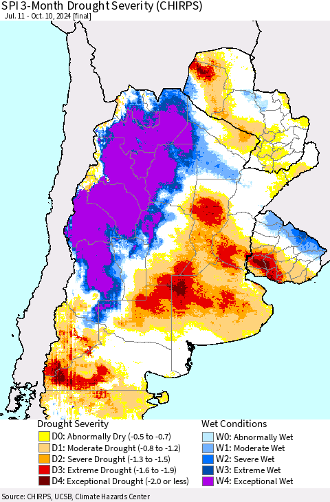 Southern South America SPI 3-Month Drought Severity (CHIRPS) Thematic Map For 7/11/2024 - 10/10/2024