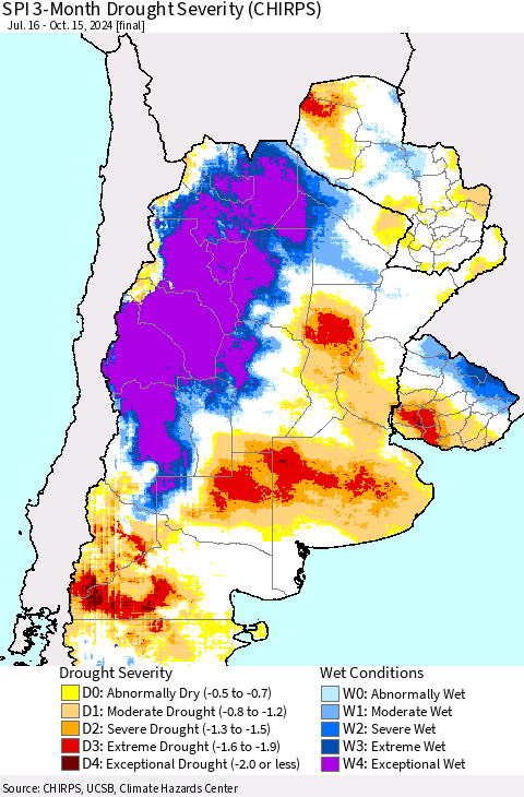 Southern South America SPI 3-Month Drought Severity (CHIRPS) Thematic Map For 7/16/2024 - 10/15/2024