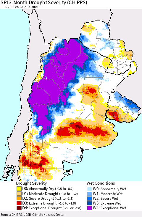 Southern South America SPI 3-Month Drought Severity (CHIRPS) Thematic Map For 7/21/2024 - 10/20/2024