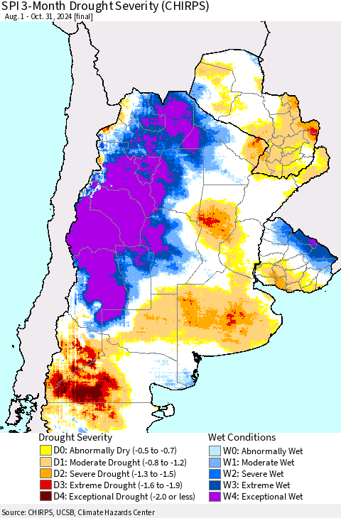 Southern South America SPI 3-Month Drought Severity (CHIRPS) Thematic Map For 8/1/2024 - 10/31/2024