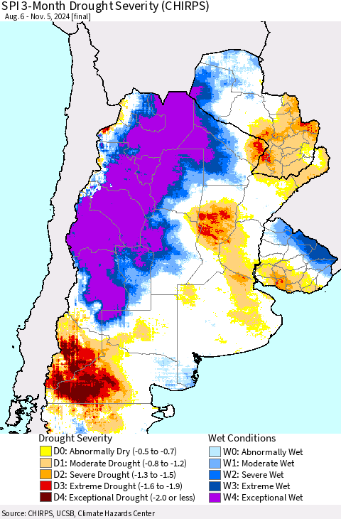 Southern South America SPI 3-Month Drought Severity (CHIRPS) Thematic Map For 8/6/2024 - 11/5/2024