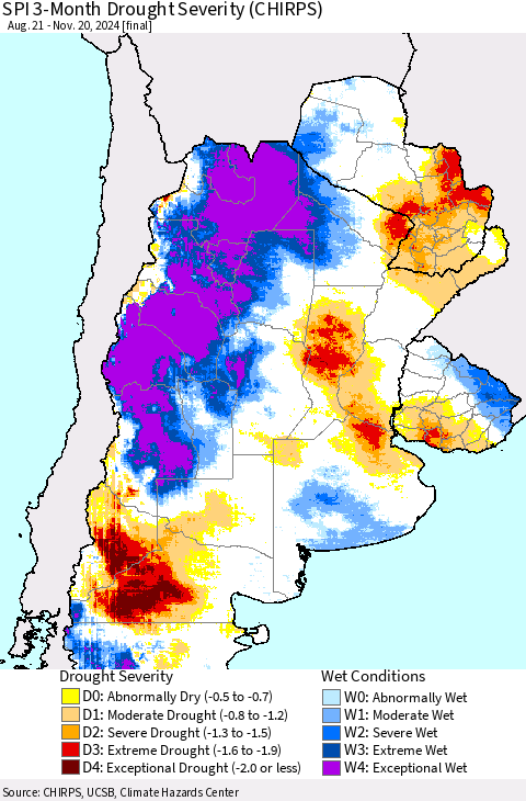 Southern South America SPI 3-Month Drought Severity (CHIRPS) Thematic Map For 8/21/2024 - 11/20/2024