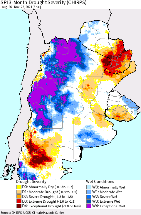 Southern South America SPI 3-Month Drought Severity (CHIRPS) Thematic Map For 8/26/2024 - 11/25/2024