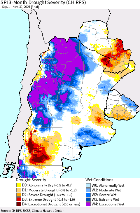 Southern South America SPI 3-Month Drought Severity (CHIRPS) Thematic Map For 9/1/2024 - 11/30/2024