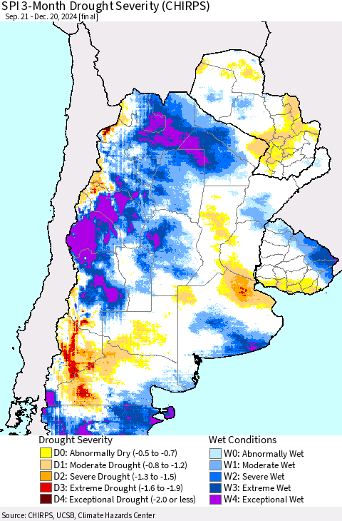 Southern South America SPI 3-Month Drought Severity (CHIRPS) Thematic Map For 9/21/2024 - 12/20/2024