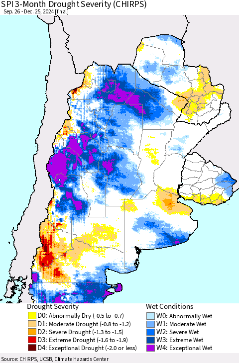 Southern South America SPI 3-Month Drought Severity (CHIRPS) Thematic Map For 9/26/2024 - 12/25/2024