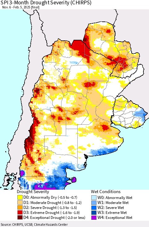 Southern South America SPI 3-Month Drought Severity (CHIRPS) Thematic Map For 11/6/2024 - 2/5/2025