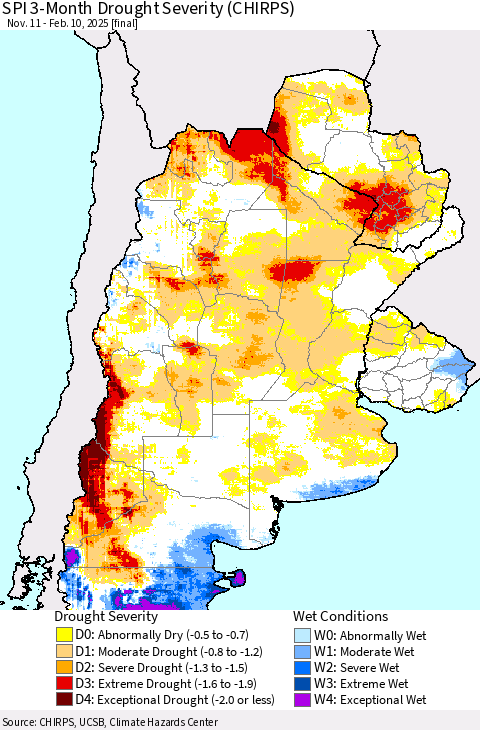 Southern South America SPI 3-Month Drought Severity (CHIRPS) Thematic Map For 11/11/2024 - 2/10/2025
