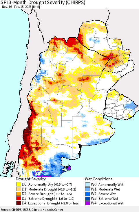 Southern South America SPI 3-Month Drought Severity (CHIRPS) Thematic Map For 11/16/2024 - 2/15/2025
