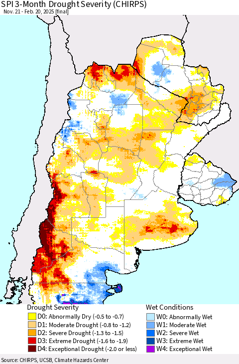 Southern South America SPI 3-Month Drought Severity (CHIRPS) Thematic Map For 11/21/2024 - 2/20/2025
