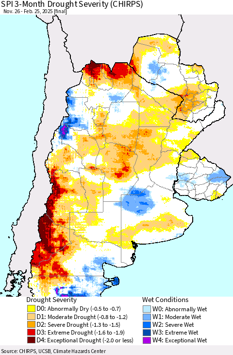Southern South America SPI 3-Month Drought Severity (CHIRPS) Thematic Map For 11/26/2024 - 2/25/2025