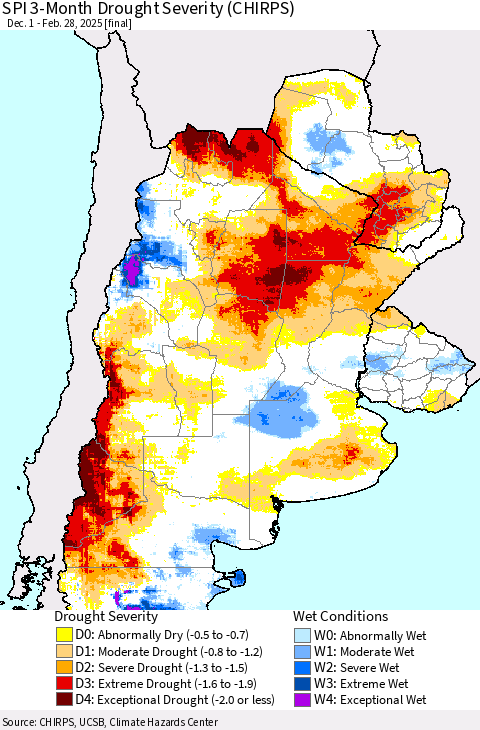 Southern South America SPI 3-Month Drought Severity (CHIRPS) Thematic Map For 12/1/2024 - 2/28/2025