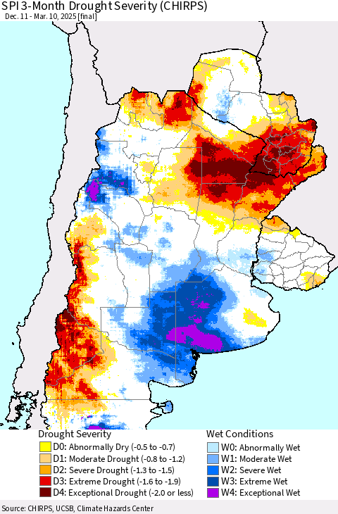 Southern South America SPI 3-Month Drought Severity (CHIRPS) Thematic Map For 12/11/2024 - 3/10/2025