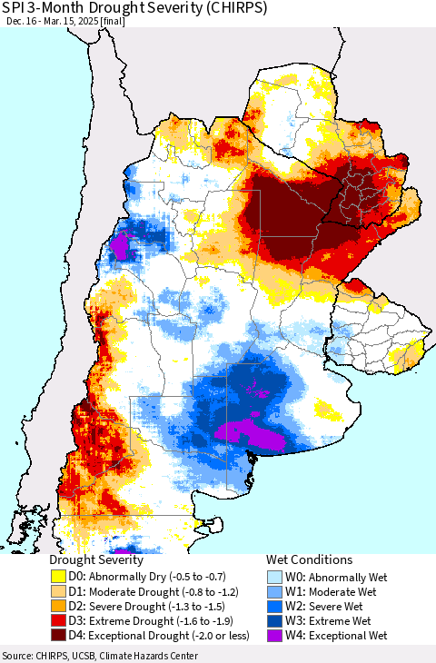 Southern South America SPI 3-Month Drought Severity (CHIRPS) Thematic Map For 12/16/2024 - 3/15/2025