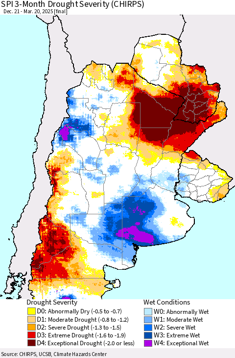 Southern South America SPI 3-Month Drought Severity (CHIRPS) Thematic Map For 12/21/2024 - 3/20/2025
