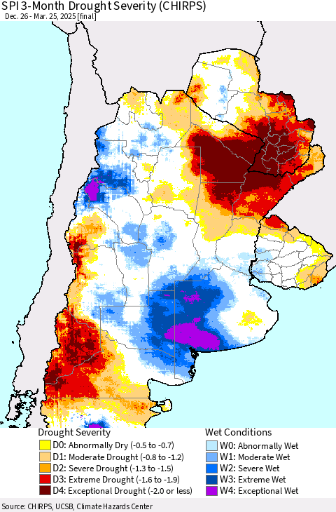 Southern South America SPI 3-Month Drought Severity (CHIRPS) Thematic Map For 12/26/2024 - 3/25/2025