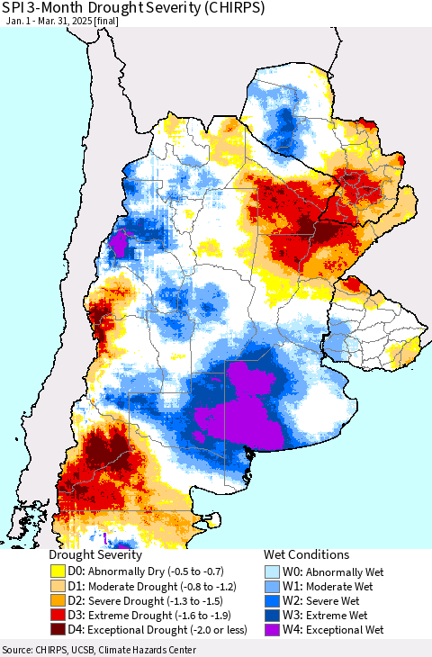 Southern South America SPI 3-Month Drought Severity (CHIRPS) Thematic Map For 1/1/2025 - 3/31/2025