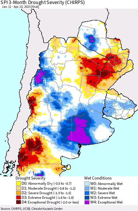 Southern South America SPI 3-Month Drought Severity (CHIRPS) Thematic Map For 1/11/2025 - 4/10/2025