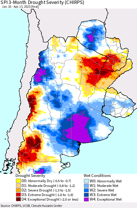 Southern South America SPI 3-Month Drought Severity (CHIRPS) Thematic Map For 1/16/2025 - 4/15/2025