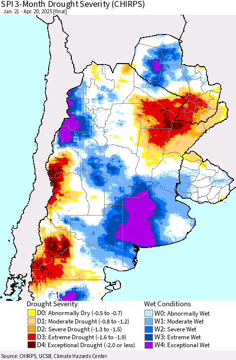 Southern South America SPI 3-Month Drought Severity (CHIRPS) Thematic Map For 1/21/2025 - 4/20/2025