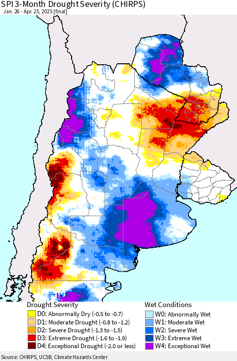 Southern South America SPI 3-Month Drought Severity (CHIRPS) Thematic Map For 1/26/2025 - 4/25/2025