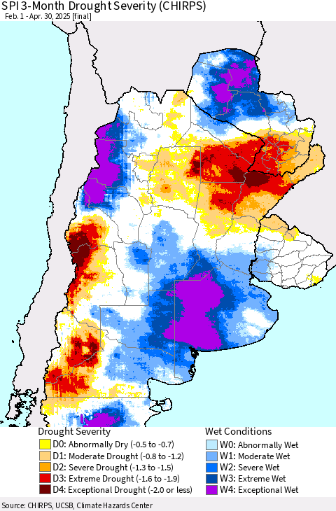 Southern South America SPI 3-Month Drought Severity (CHIRPS) Thematic Map For 2/1/2025 - 4/30/2025