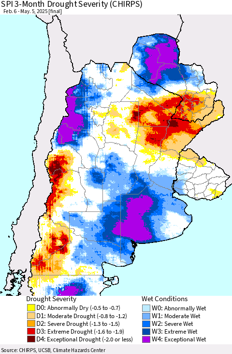 Southern South America SPI 3-Month Drought Severity (CHIRPS) Thematic Map For 2/6/2025 - 5/5/2025