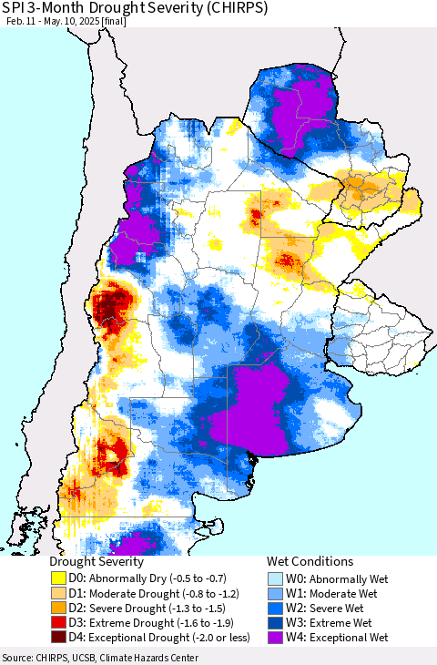 Southern South America SPI 3-Month Drought Severity (CHIRPS) Thematic Map For 2/11/2025 - 5/10/2025
