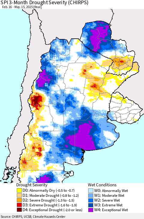 Southern South America SPI 3-Month Drought Severity (CHIRPS) Thematic Map For 2/16/2025 - 5/15/2025