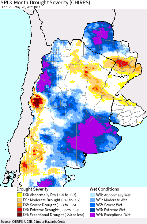 Southern South America SPI 3-Month Drought Severity (CHIRPS) Thematic Map For 2/21/2025 - 5/20/2025