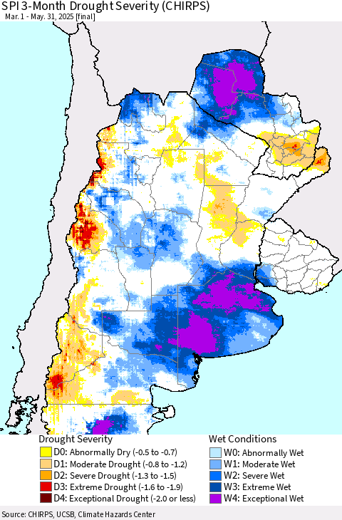 Southern South America SPI 3-Month Drought Severity (CHIRPS) Thematic Map For 3/1/2025 - 5/31/2025