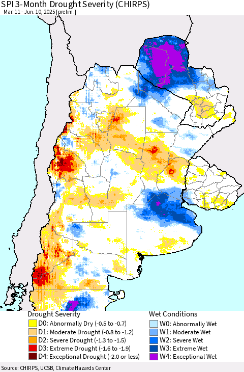 Southern South America SPI 3-Month Drought Severity (CHIRPS) Thematic Map For 3/11/2025 - 6/10/2025