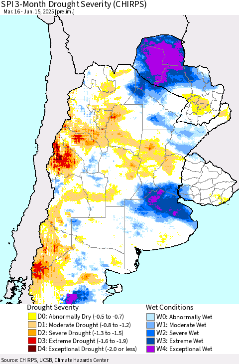 Southern South America SPI 3-Month Drought Severity (CHIRPS) Thematic Map For 3/16/2025 - 6/15/2025