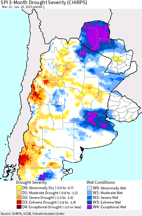 Southern South America SPI 3-Month Drought Severity (CHIRPS) Thematic Map For 3/21/2025 - 6/20/2025