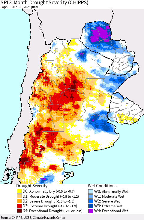 Southern South America SPI 3-Month Drought Severity (CHIRPS) Thematic Map For 4/1/2025 - 6/30/2025