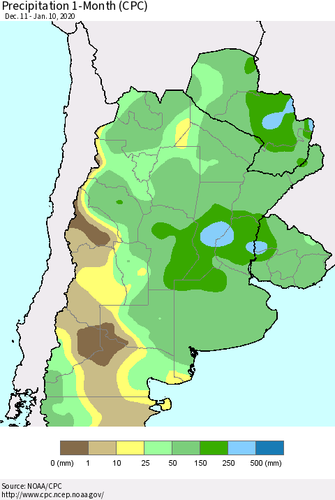 Southern South America Precipitation 1-Month (CPC) Thematic Map For 12/11/2019 - 1/10/2020