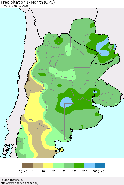 Southern South America Precipitation 1-Month (CPC) Thematic Map For 12/16/2019 - 1/15/2020