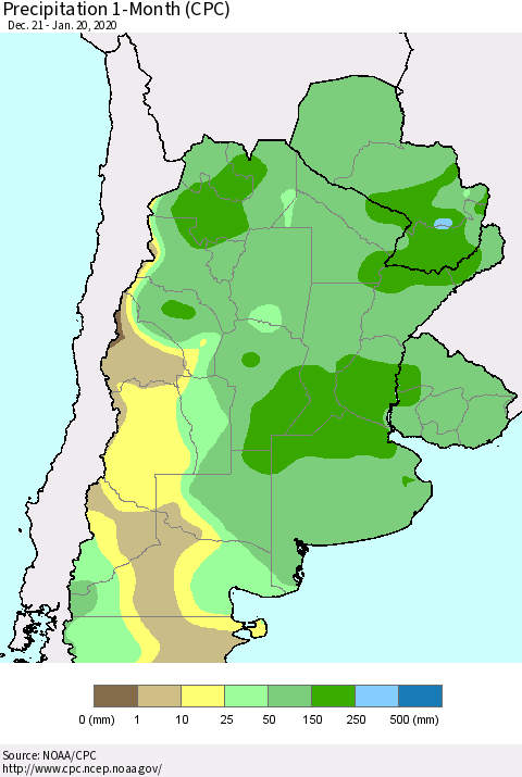 Southern South America Precipitation 1-Month (CPC) Thematic Map For 12/21/2019 - 1/20/2020