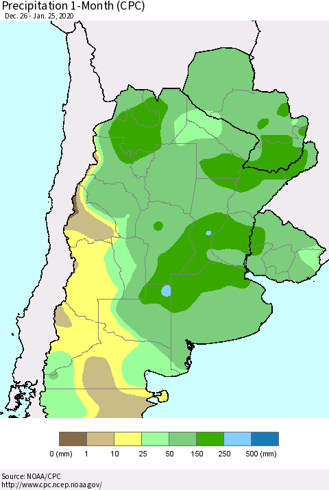 Southern South America Precipitation 1-Month (CPC) Thematic Map For 12/26/2019 - 1/25/2020